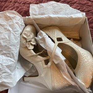 Ruby Shoo Cream and Gold Floral Strap Retro Heels